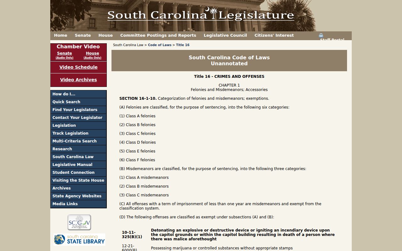 Williamsburg County arrest history South Carolina offense classification statutes