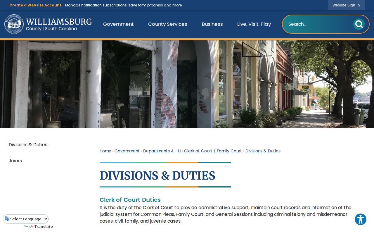 Williamsburg County criminal court case Clerk divisions and duties
