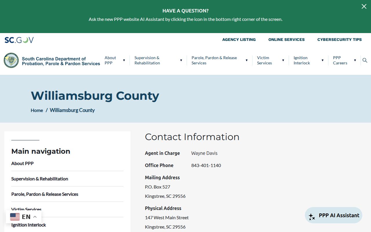 Greeleyville criminal records at the Williamsburg County supervision office