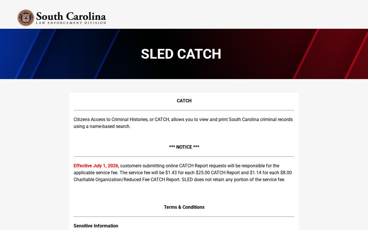 Williamsburg County criminal history SLED CATCH gateway
