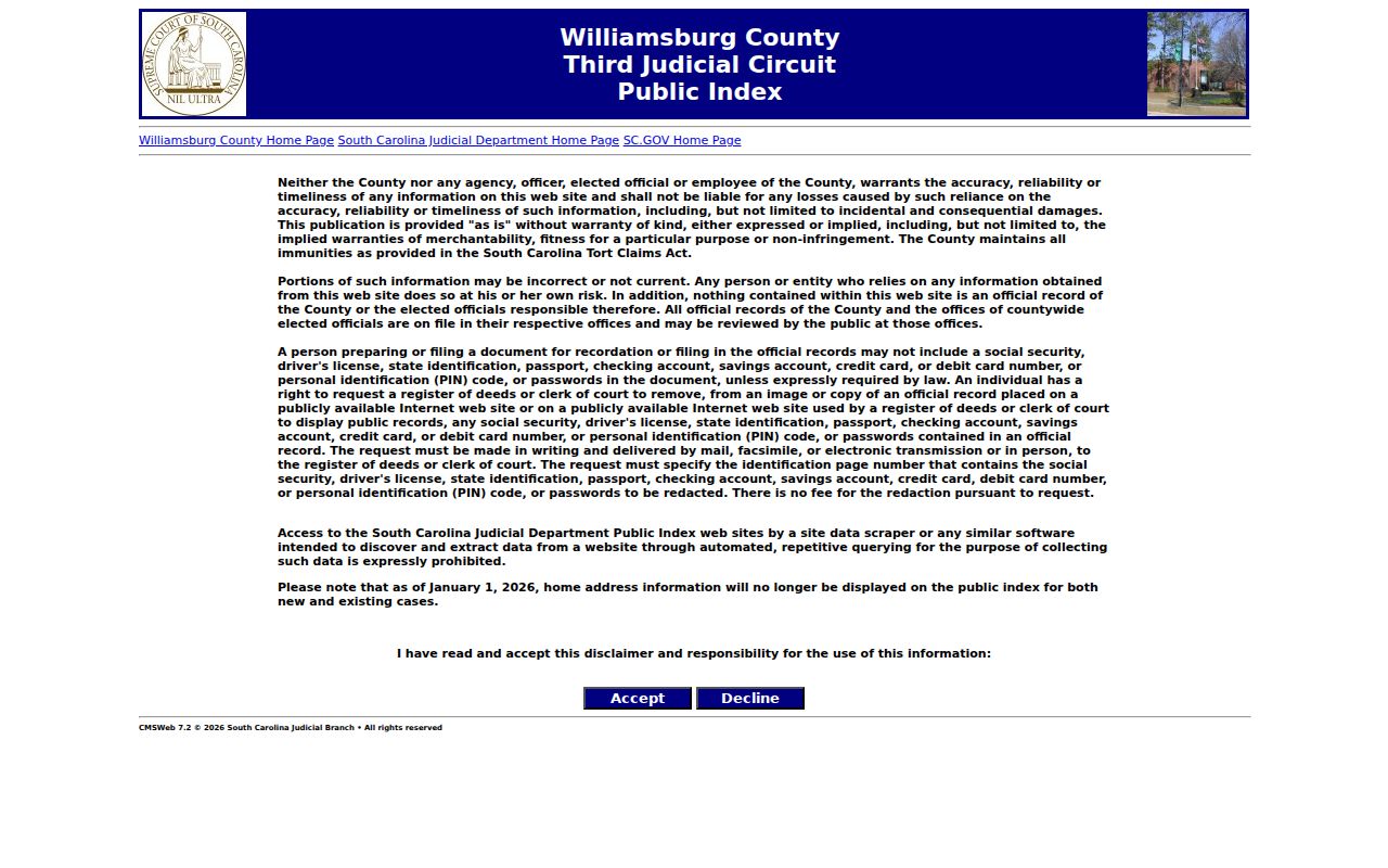 Williamsburg County criminal history Public Index search