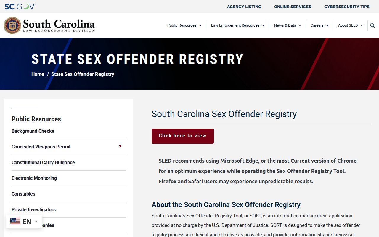 Williamsburg County sex offender registry landing page from SLED